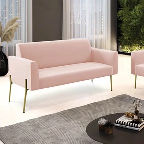 Sofá Namoradeira 2 Lugares Pé de Ferro Dourado Marisa Veludo Rosê