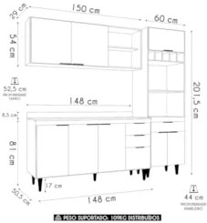 Armário de Cozinha Com Tampo CP02 210cm Pérola Branco Z34     - Mpozen