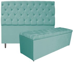 Kit Cabeceira e Calçadeira Liverpool 160 cm Queen Size Suede Azul Tiffany - ADJ Decor