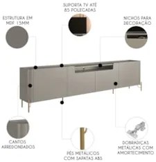 Rack TV 85 Pol 260cm 4 Portas Lisas Blen Grigio/Dourado I06 - Mpozenat