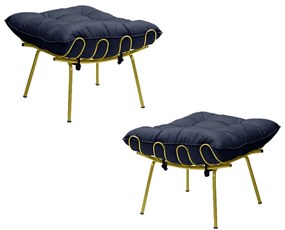 Kit 2 Puff Decorativo Sala de Estar Abel Pés Dourado Veludo Azul G41 - Gran Belo