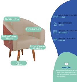 Poltrona Jade Decorativa Moderna Sala de Estar Quarto Escritório Conforto Corano Nozes e Linho Pés Palito