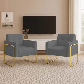 Poltrona Sala Industrial Alta Tubo Dourado Kit 2 Elisa Suede D03 - D'Rossi - Grafite