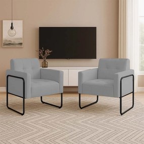 Poltrona Sala Industrial Alta Tubo Preto Kit 2 Elisa Suede D03 - D'Rossi - Cinza