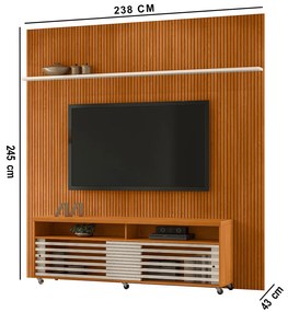 Painel TV 75 Pol 238cm Ripado Kalven com Rack Bancada Nerion Cinamomo/Off White M20 - D'Rossi