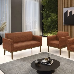 Conjunto Poltrona e Namoradeira Decorativa Isabella Pés Fixo em Madeira Castanho PU Nozes G19 - Gran Belo
