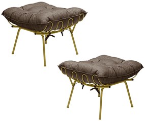 Kit 2 Puff Decorativo Sala de Estar Abel Pés Dourado Linho Marrom G41 - Gran Belo