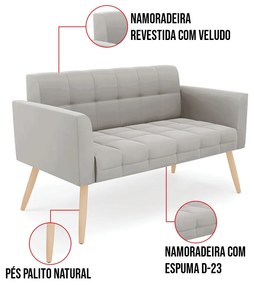 Kit 1 Sofá Namoradeira e 2 Poltronas Elisa Veludo Pés Palito Natural D03 - D'Rossi - Cinza