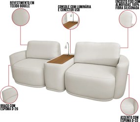 Sofá Sala Modulado 211cm com Console USB Luminária Brumma Bouclê K01 - D'Rossi - Cinza claro