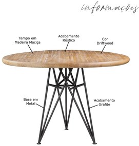 Mesa Sala de Jantar Cozinha Monary Redonda 110cm Grafite Madeira Maciça Driftwood G54 - Gran Belo
