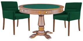 Mesa de Jogos Carteado Victoria Redonda Tampo Reversível Amêndoa com Kit 2 Cadeiras Vicenza Suede Verde G36 G15 - Gran Belo