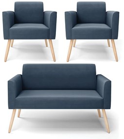 Sofá Namoradeira com 2 Poltronas Pés Palito Natural Marisa Suede Azul Marinho D03 - D'Rossi