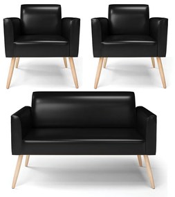 Sofá Namoradeira com 2 Poltronas Pés Palito Natural Marisa Corano D03 - D'Rossi - Preto