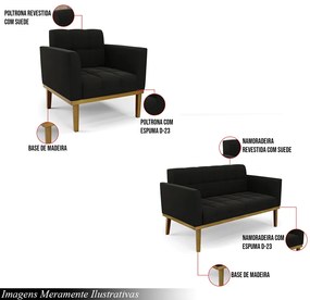 Conjunto Poltrona e Namoradeira Decorativas Karen Pés Fixo em Madeira Castanho Suede Preto G19 - Gran Belo