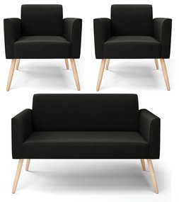Sofá Namoradeira com 2 Poltronas Pés Palito Natural Marisa Suede Preto D03 - D'Rossi