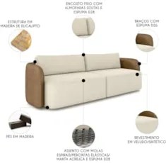 Sofá 3 Lugares 240cm Sala de Estar Karib Veludo Bege/Camel Z08 - Mpoze