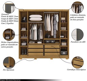 Guarda Roupa Casal Madesa 6 Portas 2 com Espelhos Bater 6 Gavetas com Cabideiros MDF Nature/Chumbo G98 Gran Belo