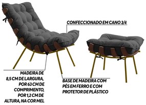 Conjunto Decorativo Poltrona e Puff Abel Base de Madeira Dourada Suede Cinza G41 - Gran Belo