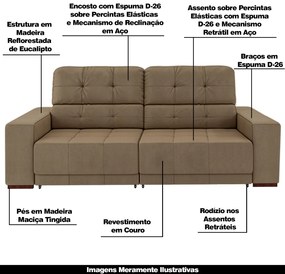 Sofá Sala de Estar Retrátil e Reclinável 3 Lugares Lisboa 230cm Couro Bege G58 - Gran Belo