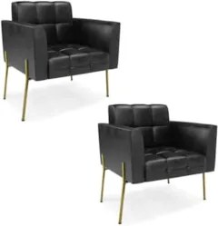 Poltrona Sala Pé Metal Dourado Kit 2 Ana Sintético PU Preto - Ibiza