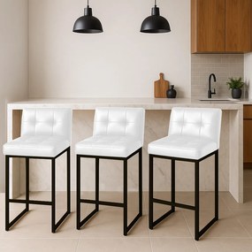 Banqueta Cozinha Alta com Encosto Industrial Kit 3 Preto Lirina PU Branco C05 - D'Rossi