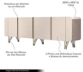 Conjunto Cristaleira Buffet com LED Portas de Vidro Pés Aço Maciço Cor Dourado Texas/Virginia Off White G26 - Gran belo