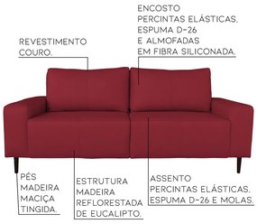 Sofá 03 Lugares Sala de Estar Recepção 220cm Bipartido Brad Couro Vermelho G58 - Gran Belo