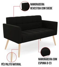 Kit 1 Sofá Namoradeira e 1 Poltrona Elisa Suede Pés Palito Natural D03 - D'Rossi - Preto