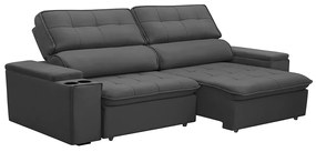 Sofá Retrátil e Reclinável 3 Lugares 230cm Zoho Porta Copos no Braço Veludo Grafite G22 - Gran Belo