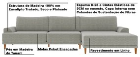 Sofá com Chaise Direita 384cm Índico Linho Cinza G52 - Gran Belo