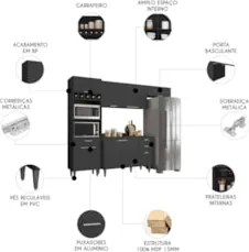 Armário de Cozinha Com Tampo CP04 250cm Pérola Preto Z34      - Mpozen