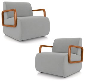 Kit 2 Poltronas Decorativa Sala de Estar Odessa Braços em Madeira Veludo Cinza Claro G33 - Gran Belo