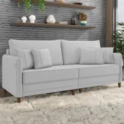 Sofá 3 Lugares Living 232cm Pé Madeira Zoe Linho Cinza Claro Z08 - Mpo