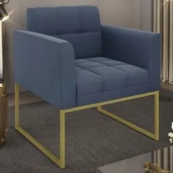 Poltrona Decorativa Base Industrial Dourado Ana Suede Azul Marinho - I