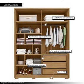 Guarda Roupa Solteiro Bravus 4 Portas de Bater com Espelhos e 3 Gavetas MDP Buriti/OffWhite G11 - Gran Belo