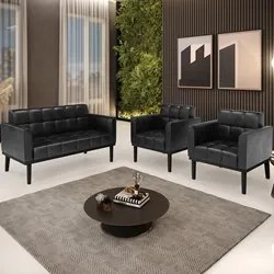 Sofá Namoradeira e 2 Poltronas Base Madeira Preto Ana Sintético PU Pre