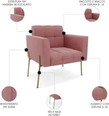 Poltrona Para Sala Pé Metal Dourado Kit 2 Ana Suede Rosê - Ibiza
