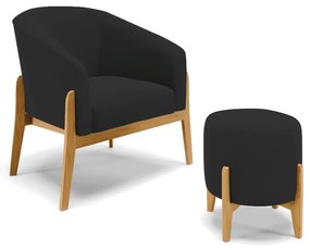 Poltrona com Puff Base de Madeira Stella Veludo Preto D03 - D'Rossi