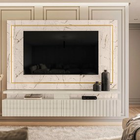 Painel TV 75 Pol 216cm Bancada Suspensa Ripado Lurian Calacata/Off White M20 - D'Rossi