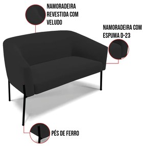 Sofá 2 Lugares Namoradeira Pé de Ferro Preto Stella Veludo D03 - D'Rossi - Preto