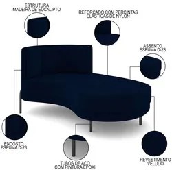 Chaise Longue Divã 164cm Braço Esquerdo Logus D06 Veludo Azul - Mpozen