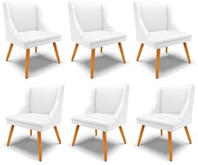 Kit 6 Cadeiras Decorativas Sala de Jantar Pés Palito de Madeira Firenze PU Branco Fosco/Natural G19 - Gran Belo