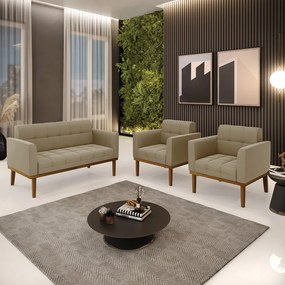Conjunto 2 Poltronas e 1 Namoradeira Decorativa Karen Pés Fixo em Madeira Castanho Suede Nude G19 - Gran Belo