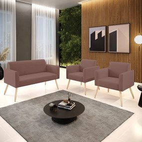 Sofá Namoradeira com 2 Poltronas Pés Palito Natural Marisa Veludo D03 - DRossi - Rose