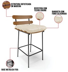 Banqueta Costela Corino Base Metálica Preto M11 - D'Rossi - Bege