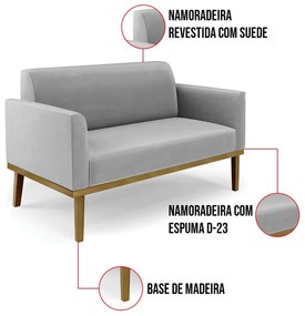 Sofá Namoradeira Base de Madeira Fixa Castanho Marisa Suede - Cinza