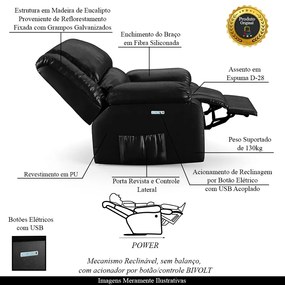 Poltrona do Papai Reclinável Sala de Cinema Madrid Elétrica Touch USB PU Preto Brilho  G23 - Gran Belo