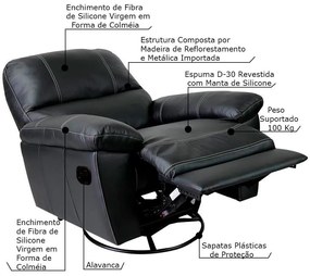 Poltrona do Papai Reclinável Giratória Armênia Glider Mecânico Couro Preto G40 - Gran Belo
