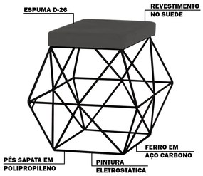 Puff Decorativo Sala de Estar Base Preto Trixie Suede Cinza G41 - Gran Belo