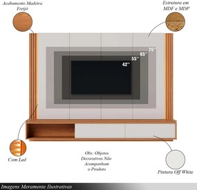 Home Suspenso Soge para TV até 75 Fita LED Portas Deslizantes MDP/MDF 217cm Off White/Freijó G73 - Gran Belo